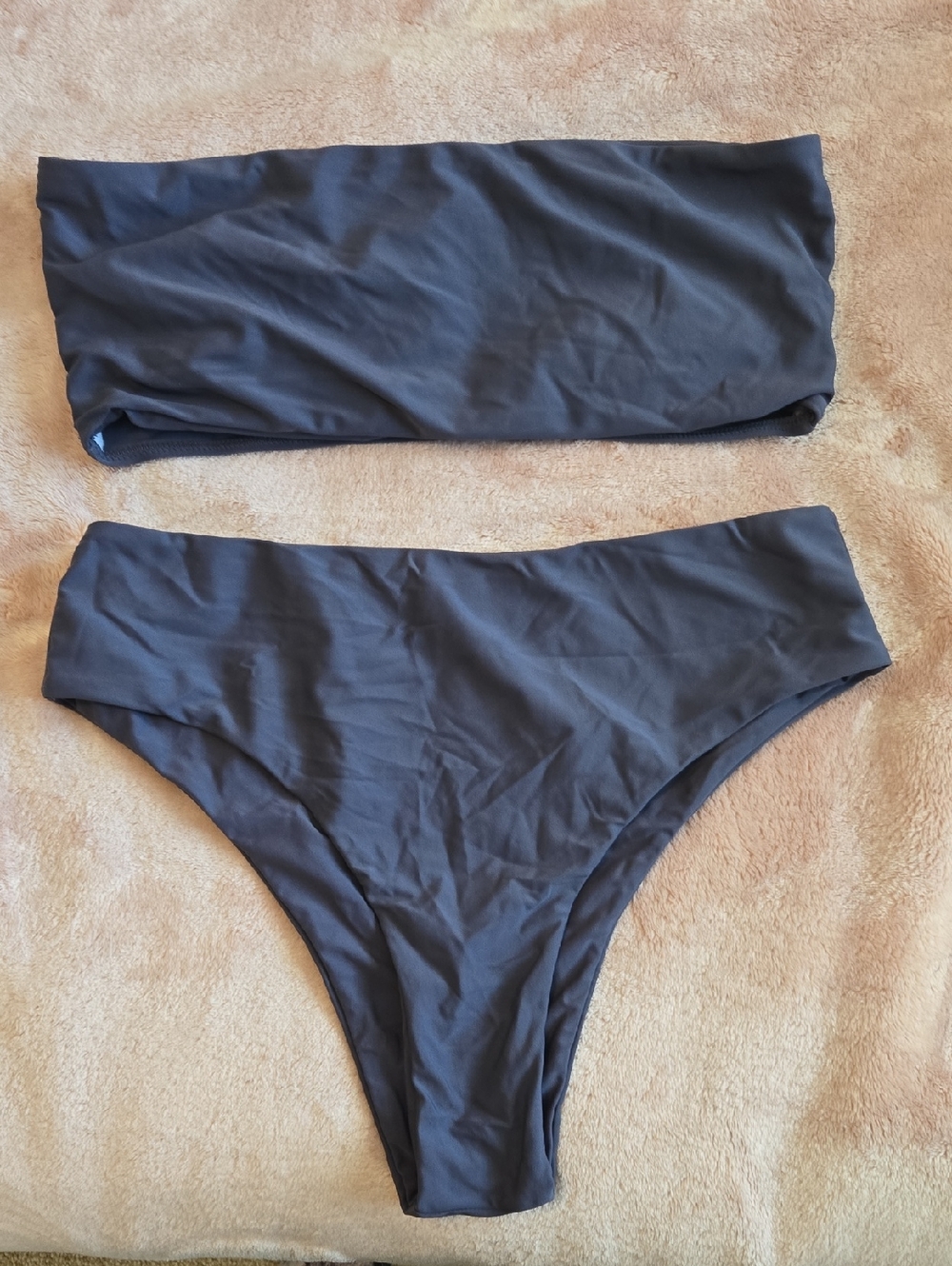 Charcoal Blue Grey Strapless Bikini Set - High Cut Bottoms - L